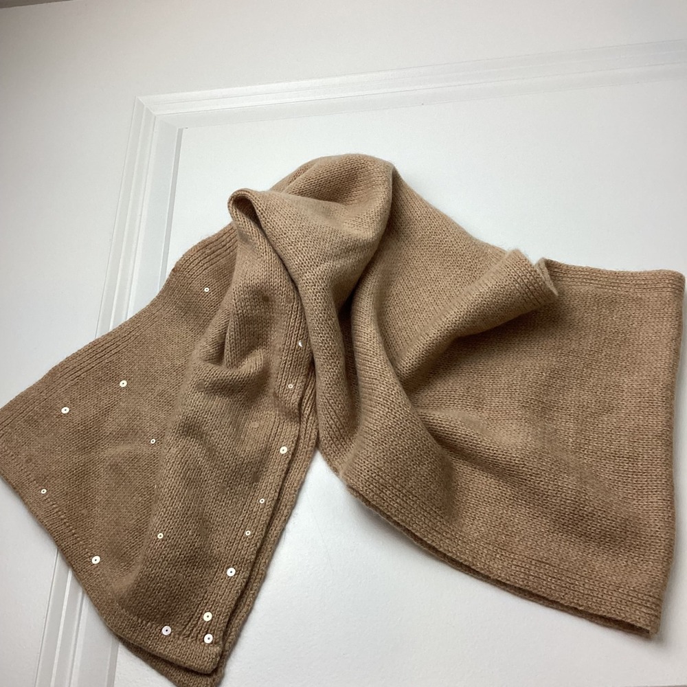 Fraas 100% Cashmere Scarf Camel Tan Sequin Embellished Knit Rectangle Wrap 0089